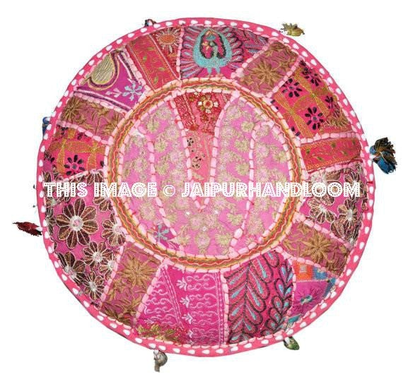 Bohemian Embroidered Pouf Ottoman in Pink Footstool Cover-Jaipur Handloom