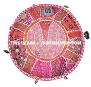 Bohemian Embroidered Pouf Ottoman in Pink Footstool Cover-Jaipur Handloom