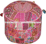 Bohemian Embroidered Pouf Ottoman in Pink Footstool Cover-Jaipur Handloom