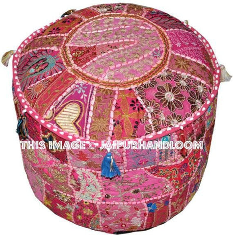 Bohemian Embroidered Pouf Ottoman in Pink Footstool Cover-Jaipur Handloom
