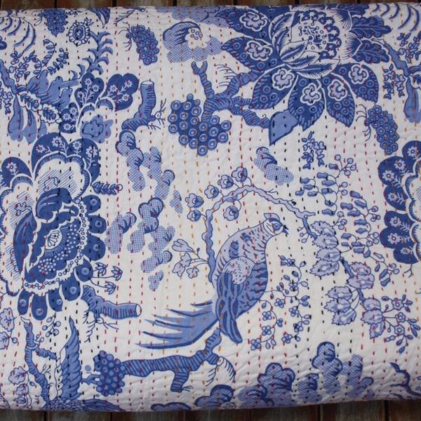 Bohemian Kantha Quilt Indian Patchwork Kantha Throw in Twin Size-Jaipur Handloom