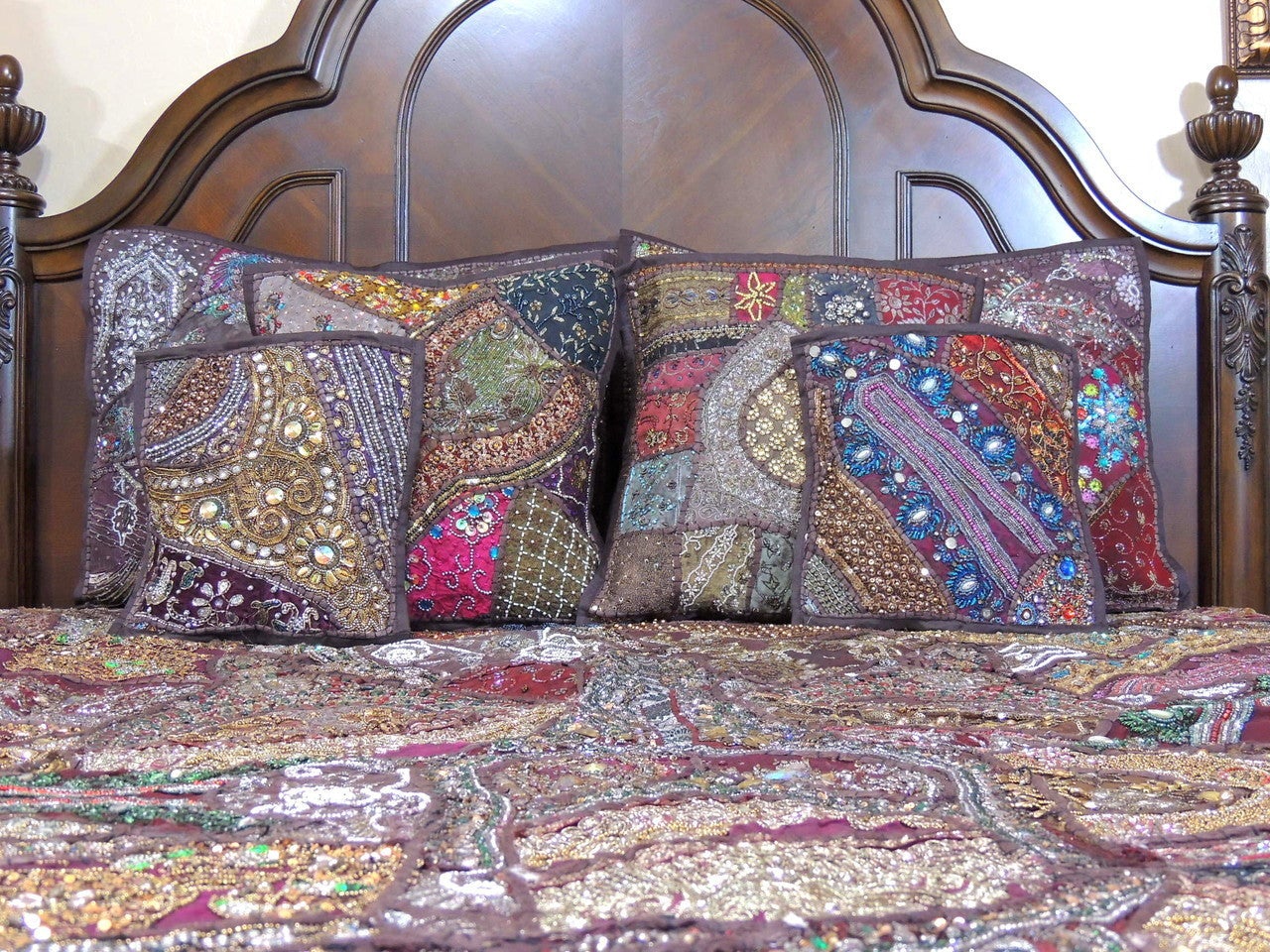 Bohemian Patchwork Bed cover in queen size Brown Embroidered Tapestries-Jaipur Handloom