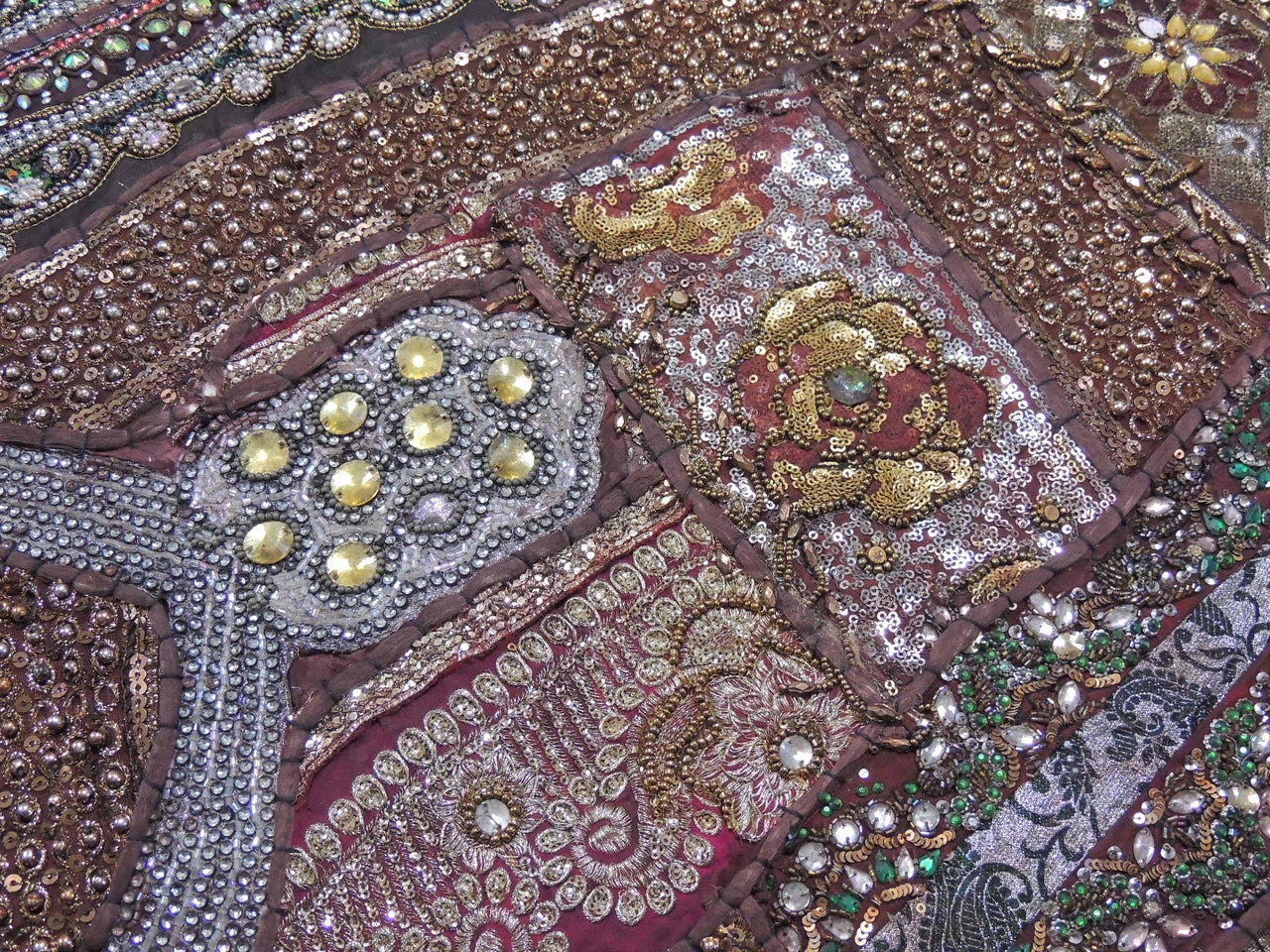 Bohemian Patchwork Bed cover in queen size Brown Embroidered Tapestries-Jaipur Handloom
