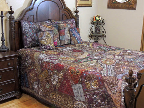 Bohemian Patchwork Bed cover in queen size Brown Embroidered Tapestries-Jaipur Handloom