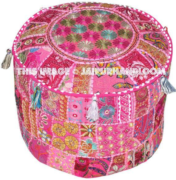 Bohemian Patchwork Pouf Ottoman-Jaipur Handloom