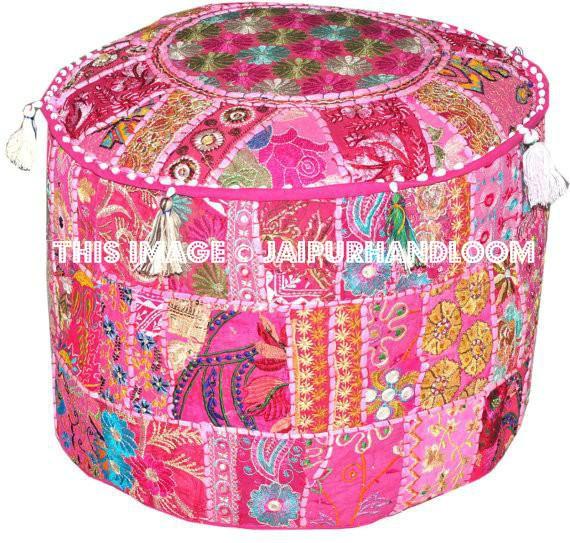 Bohemian Patchwork Pouf Ottoman-Jaipur Handloom