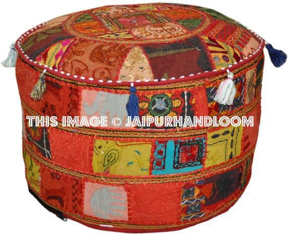 Bohemian Patchwork Pouf Ottoman, Vintage Indian Pouf, pouffe-Jaipur Handloom