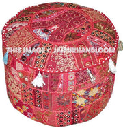 Bohemian Patchwork Pouf Ottoman in Marron-Red Indian pouffe-Jaipur Handloom
