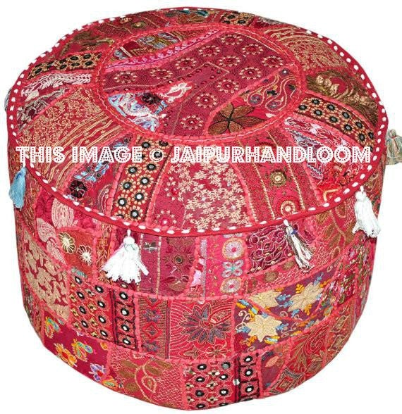 Bohemian Patchwork Pouf Ottoman in Marron-Red Indian pouffe-Jaipur Handloom