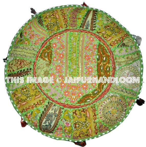 Bohemian Patchwork Pouf Ottoman in lemon green Pouffe Bean Bag-Jaipur Handloom