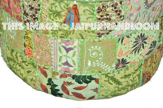 Bohemian Patchwork Pouf Ottoman in lemon green Pouffe Bean Bag-Jaipur Handloom