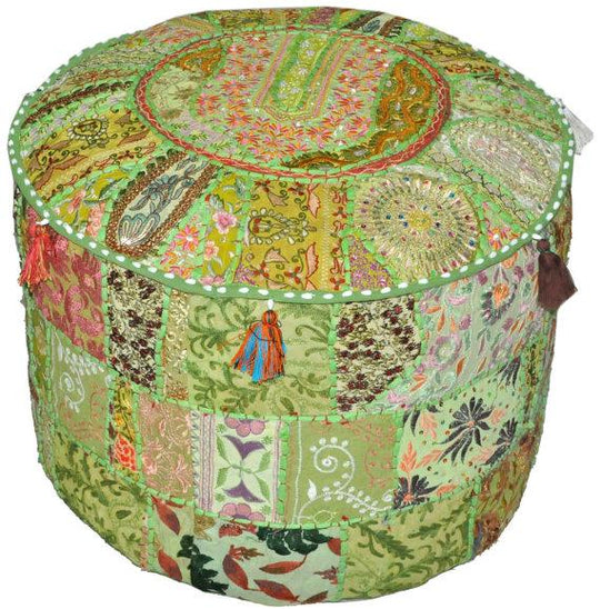 Bohemian Patchwork Pouf Ottoman in lemon green