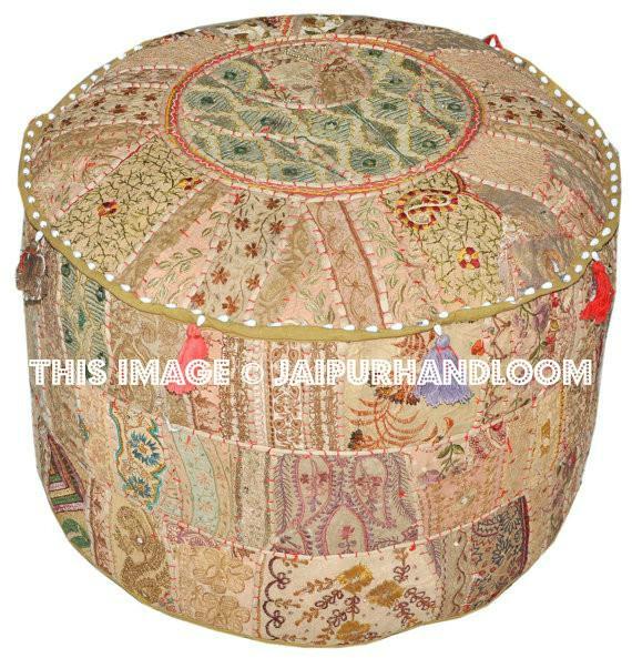 Bohemian Pouf Ottoman in Beige Khaki pouffe