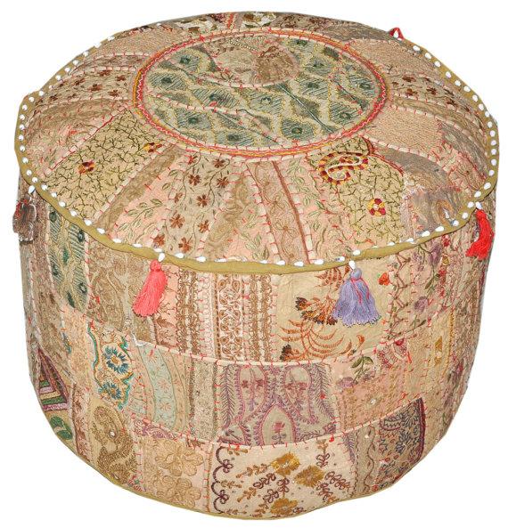 Bohemian Pouf Ottoman in Beige/Khaki pouffe