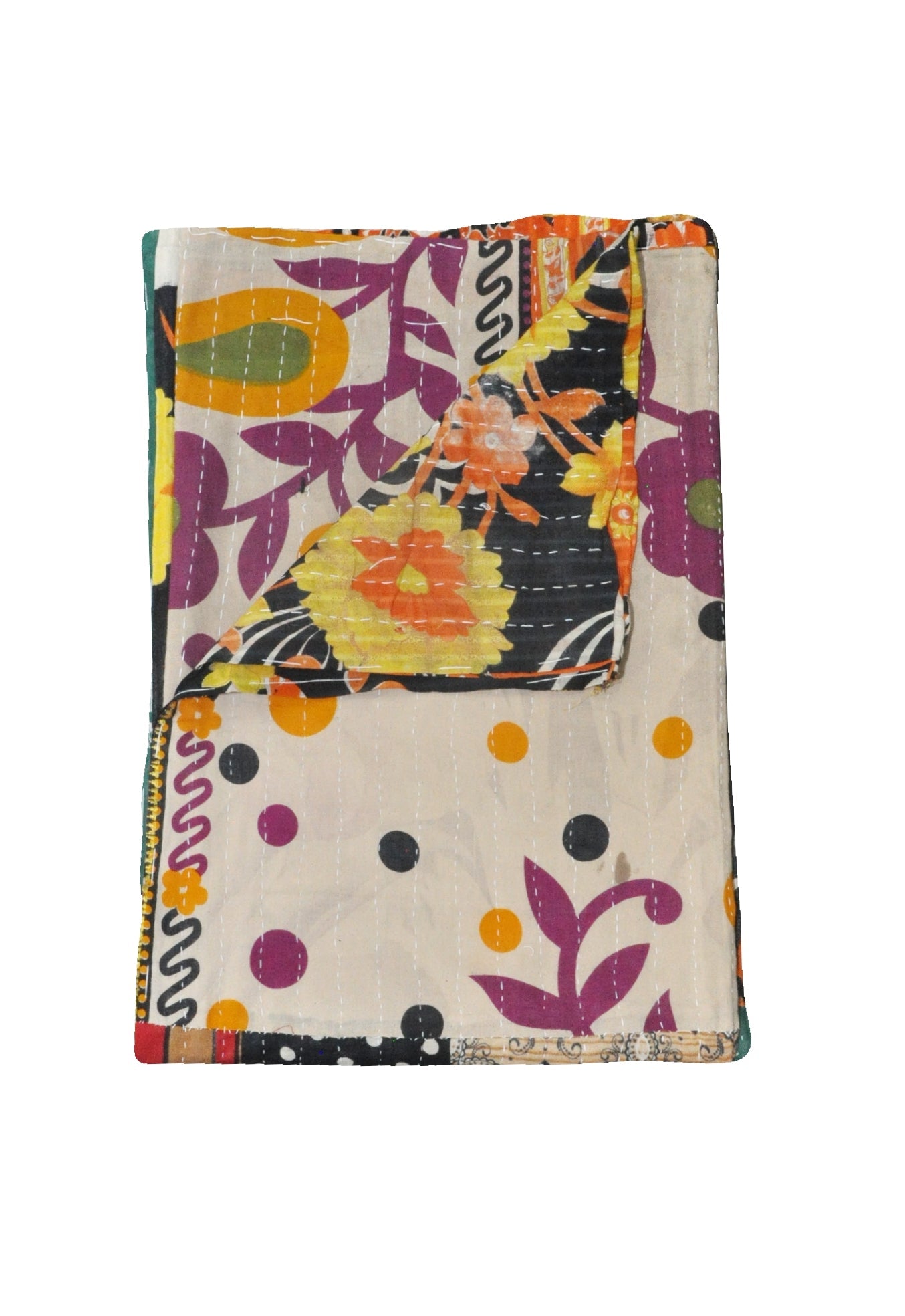 Bohemian Quilted Bedspread in Twin size Indian Sari Kantha Quilt Throw