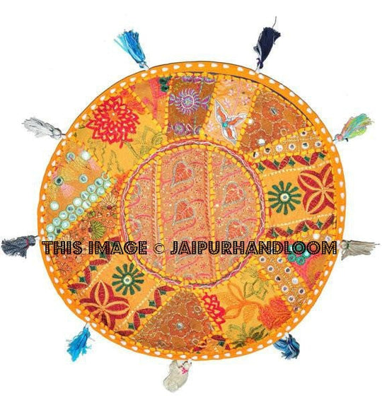 Bohemian Round Floor Pillow, Vintage Indian throw Pillow in Orange decorative gypsy throw pillow for couch bohemian patchwork indian pilow-Jaipur Handloom
