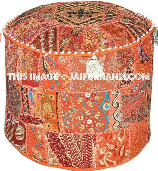 Bohemian Round Indian Ottoman Patchwork Pouf Hassock-Jaipur Handloom