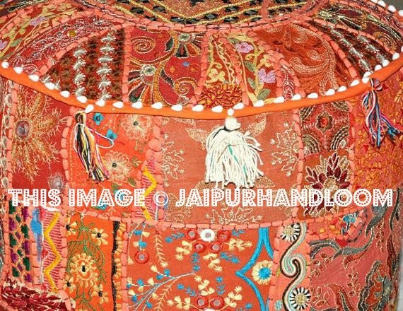 Bohemian Round Indian Ottoman Patchwork Pouf Hassock-Jaipur Handloom