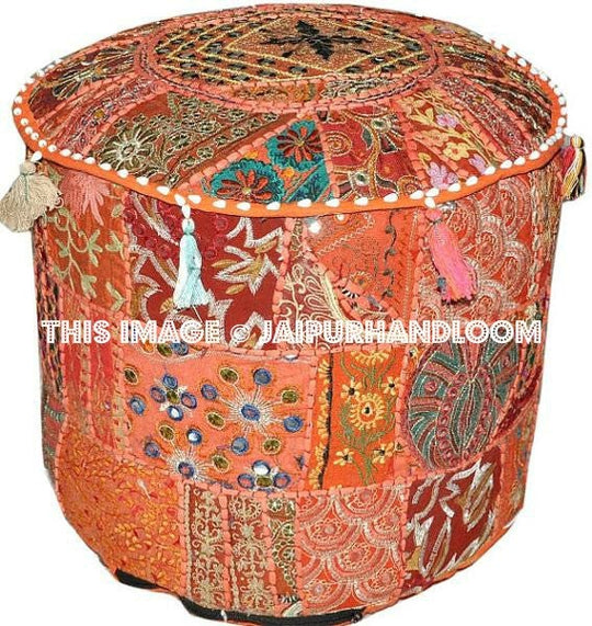 Bohemian Round Indian Ottoman Patchwork Pouf Hassock-Jaipur Handloom