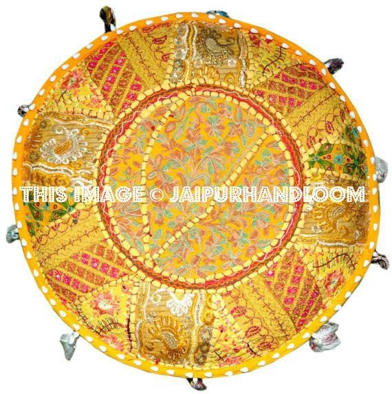 Bohemian Round Indian Ottoman Patchwork Pouf pouffe-Jaipur Handloom