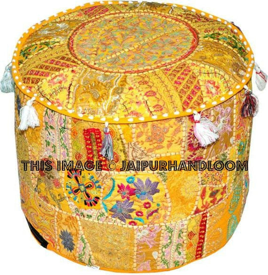 Bohemian Round Indian Ottoman Patchwork Pouf pouffe-Jaipur Handloom