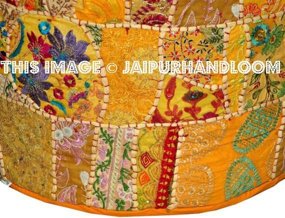Bohemian Round Indian Ottoman Patchwork Pouf stool cover-Jaipur Handloom