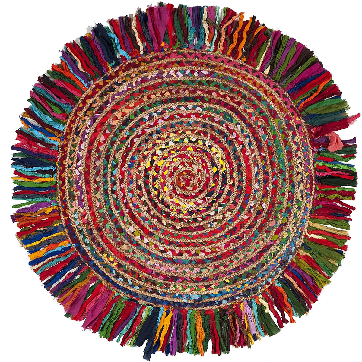 Bohemian Round Rug, Reversible Chindi Round Rug with Fringes Braided Rag Rug