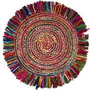 Bohemian Round Rug, Reversible Chindi Round Rug with Fringes Braided Rag Rug