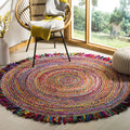 Bohemian Round Rug, Reversible Chindi Round Rug with Fringes Braided Rag Rug