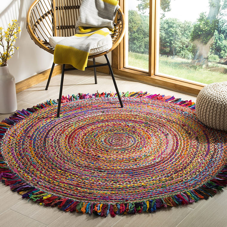 Bohemian Round Rug, Reversible Chindi Round Rug with Fringes Braided Rag Rug
