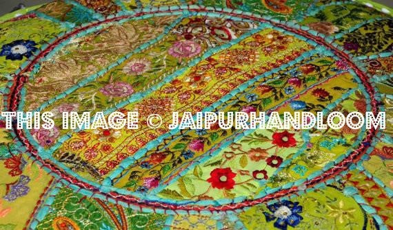 Bohemian Vintage Embroidered Pouf Ottoman-Jaipur Handloom