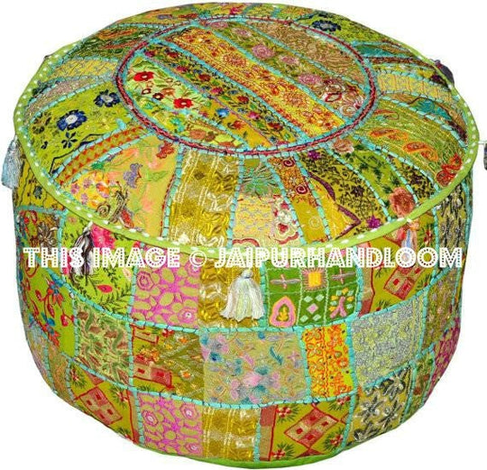 Bohemian Vintage Embroidered Pouf Ottoman-Jaipur Handloom