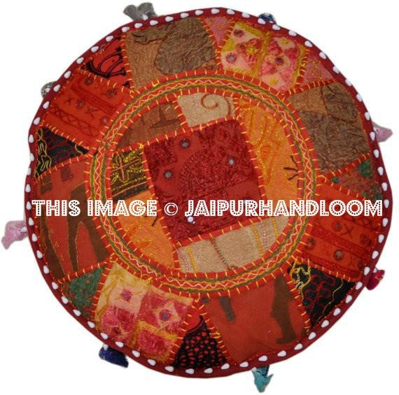 Bohemian Vintage Indian Ottoman Stool Cover Patchwork Footstool-Jaipur Handloom