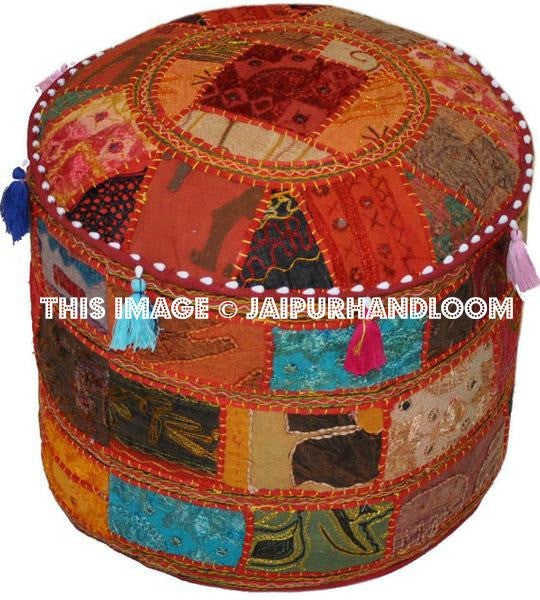 Bohemian Vintage Indian Ottoman Stool Cover Patchwork Footstool-Jaipur Handloom