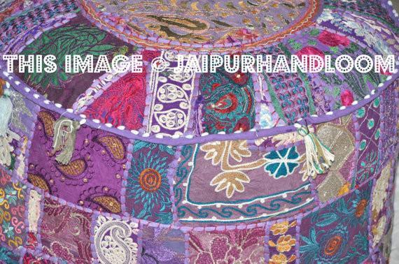 Bohemian Vintage Pouf Ottoman Embroidered Cocktail Ottoman-Jaipur Handloom