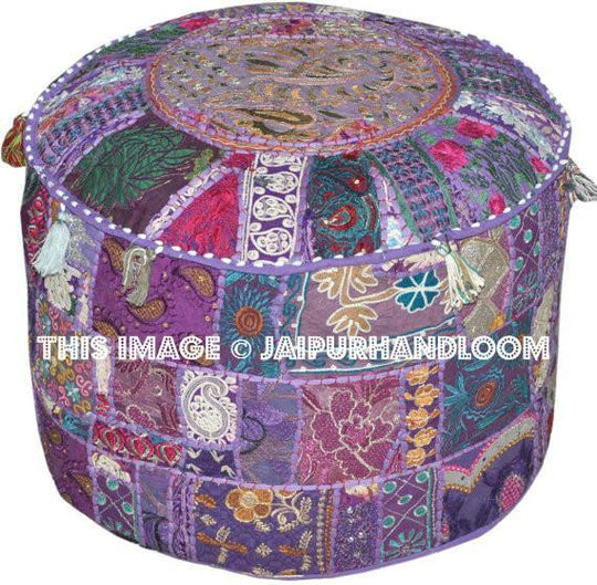 Bohemian Vintage Pouf Ottoman Embroidered Cocktail Ottoman-Jaipur Handloom