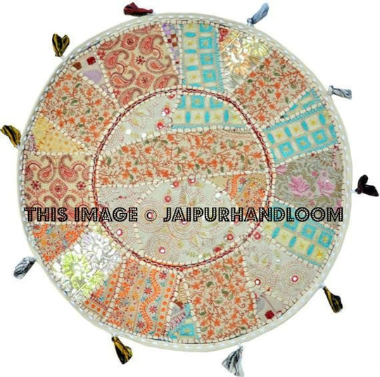 Bohemian White 22" Patchwork Round Floor Pillow Cushion Vintage Indian pouf Foot Stool-Jaipur Handloom