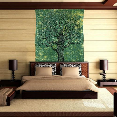 Boho Chic Green Tree of life Tapestry For Dorm Room Cotton Twin Bedding-Jaipur Handloom