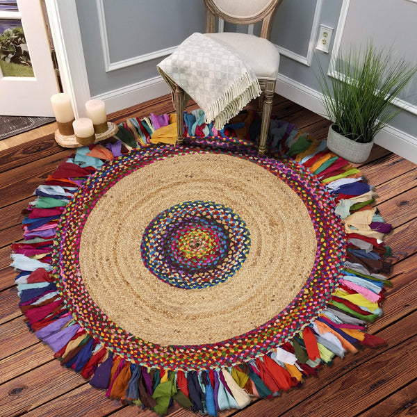 5 Feet Cotton Chindi Jute Round Rug with Fringes for Bedroom & Kitchen Floor | Jaipur Handloom