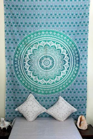 Boho Green Ombre Mandala Tapestries Boho Chic Beach Blanket Throw-Jaipur Handloom