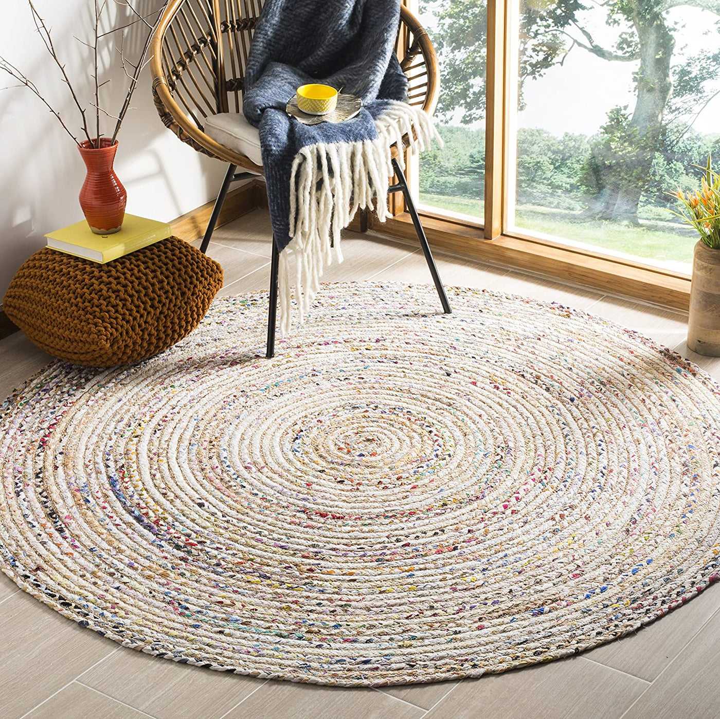 Boho Round Rug  White & Ivory Round rugs Cotton Chindi rag Rug Round Rug
