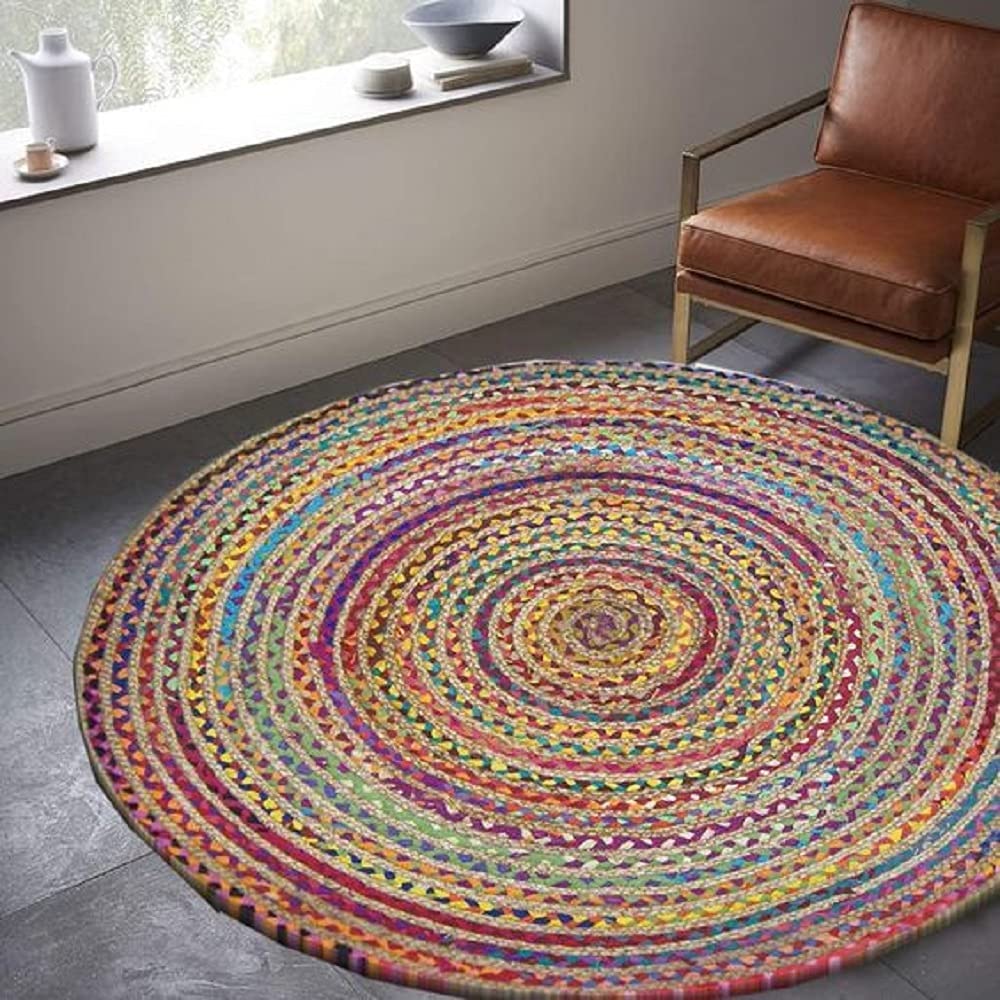 Boho jute chindi Round Rug Hand Woven Bohemian Round Rag Rug Meditation Mat