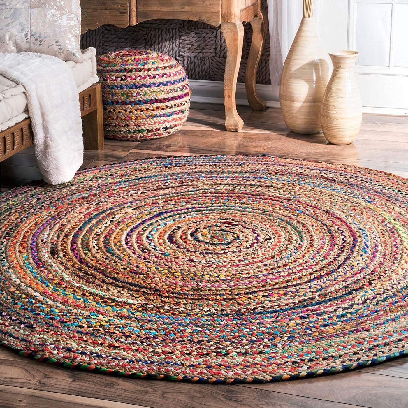 Braided Round Rug Multi Cotton Chindi jute round Rug Floor Mat Boho Rugs
