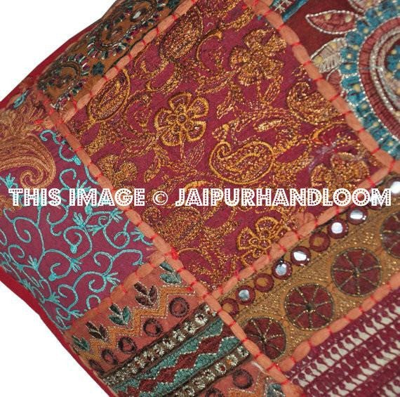 Brown 24x24" Embroidered Sofa Pillows Indian Patchwork Bedroom Shams-Jaipur Handloom
