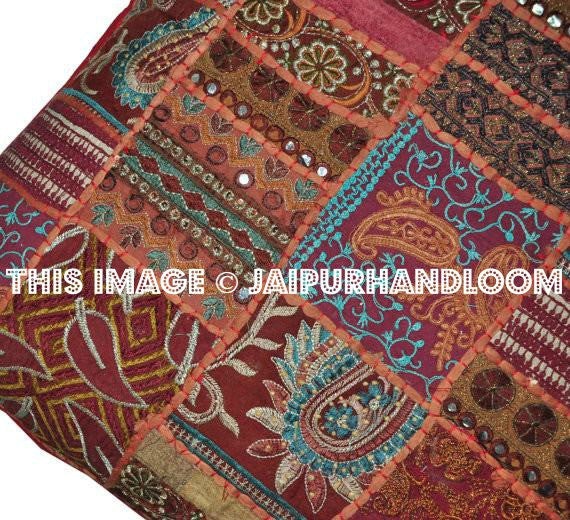 Brown 24x24" Embroidered Sofa Pillows Indian Patchwork Bedroom Shams-Jaipur Handloom