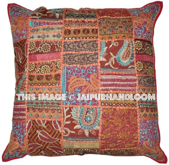 Brown 24x24" Embroidered Sofa Pillows Indian Patchwork Bedroom Shams-Jaipur Handloom