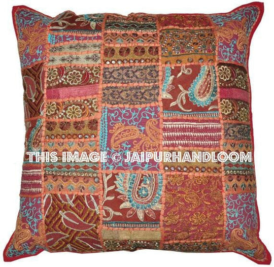 Brown 24x24" Embroidered Sofa Pillows Indian Patchwork Bedroom Shams-Jaipur Handloom