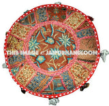 Burgundy Bohemian Vintage Patchwork Indian Pouf Round Ottoman-Jaipur Handloom