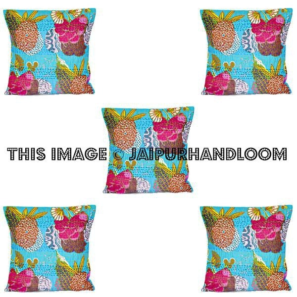 Christmas Gift 5pc indian kantha pillow in floral, gypsy kantha Pillow, Kantha Decorative throw Pillow, indian Pillow, Kantha Cushion Cover-Jaipur Handloom