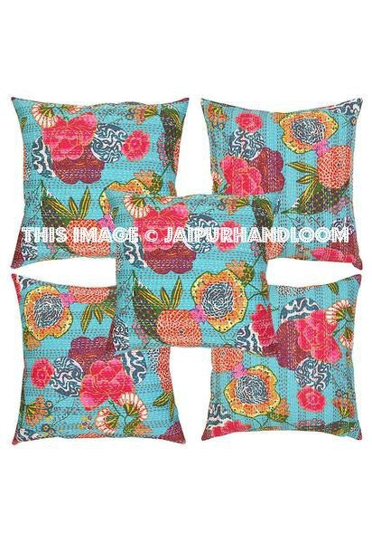 Christmas Gift 5pc indian kantha pillow in floral, gypsy kantha Pillow, Kantha Decorative throw Pillow, indian Pillow, Kantha Cushion Cover-Jaipur Handloom